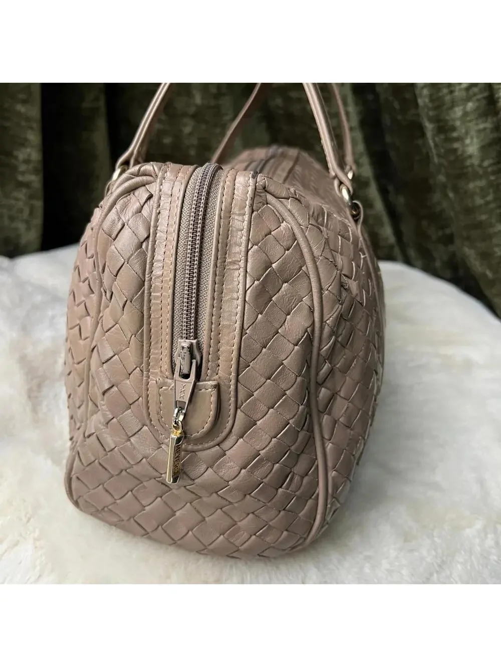 BV Style intrecciato woven leather bowler tan beige  Satchel Handbag Meyers VTG